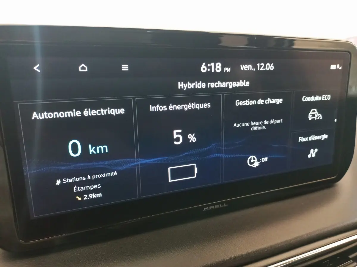 Écran tactile intérieur affichant l'autonomie et gestion de charge du Hyundai Santa Fe hybride rechargeable.