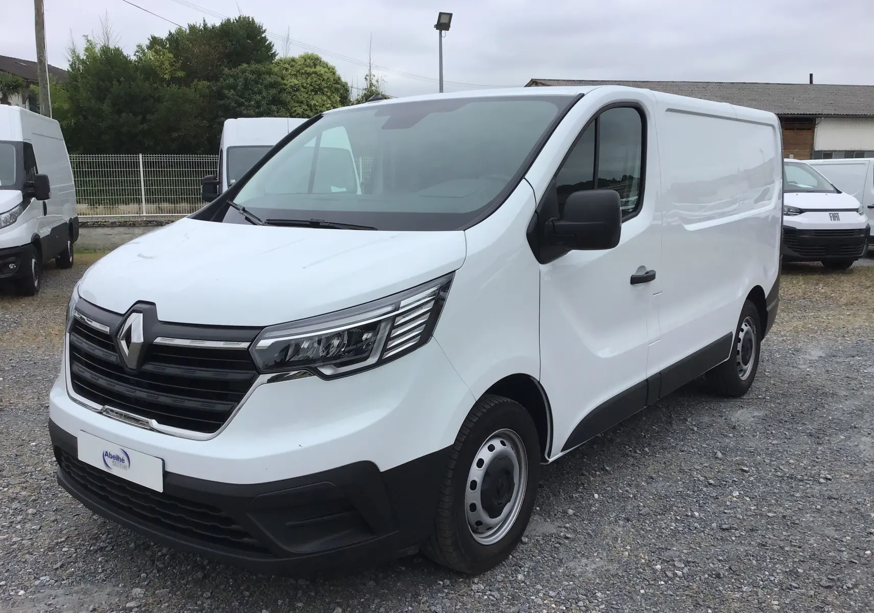 Renault Trafic Fourgon blanc en 3/4 avant droit, avec calandre noire et phares LED distinctifs.
