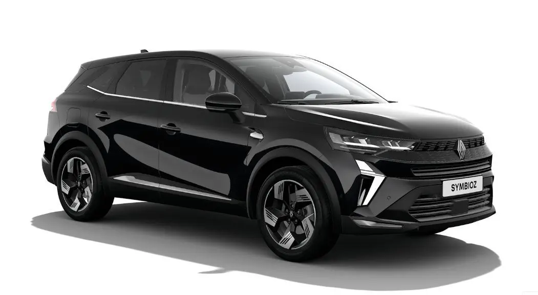 Renault SYMBIOZ noir étoile en 3/4 avant droit, mettant en valeur ses lignes modernes et ses phares LED distinctifs.