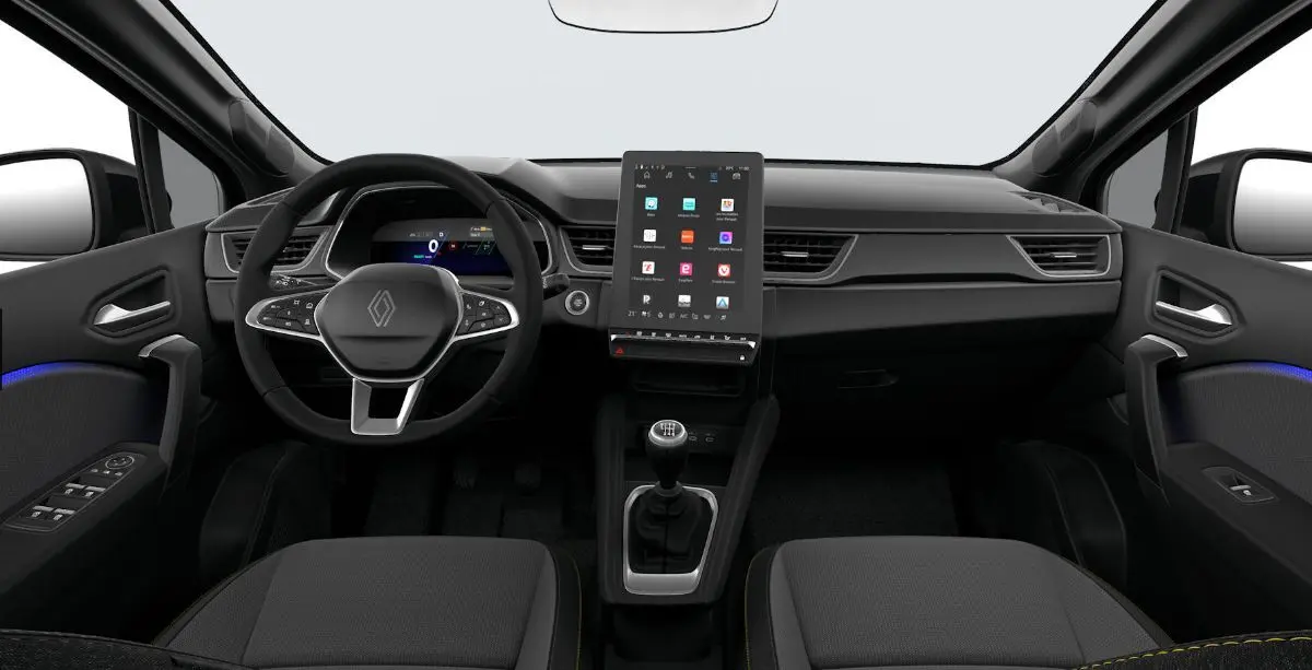 Vue avant de l'intérieur noir étoile du Renault Symbioz 2025, avec volant multifonction et écran tactile vertical central.