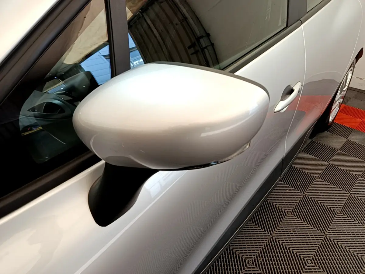 Rétroviseur côté gauche gris clair de la Renault Clio Business TCe 90, vue rapprochée sur la portière avant.