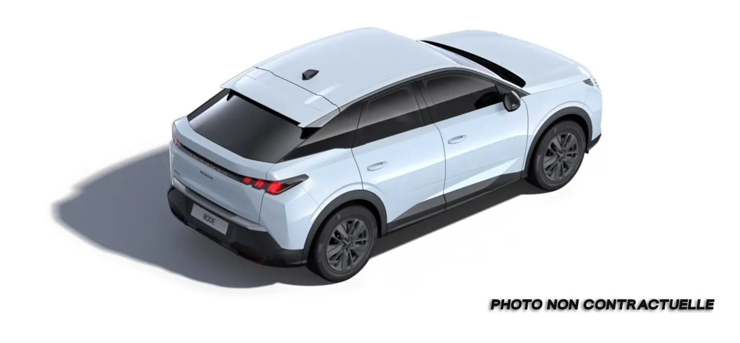 Vue 3/4 arrière droite du Peugeot 3008 blanc Okenite avec toit panoramique et jantes noires.