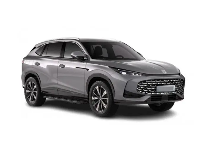 MG Motor EHS 1.5 Hybrid+ 224ch Luxury en Camden Grey, vue 3/4 avant droit avec calandre large et jantes bi-ton.