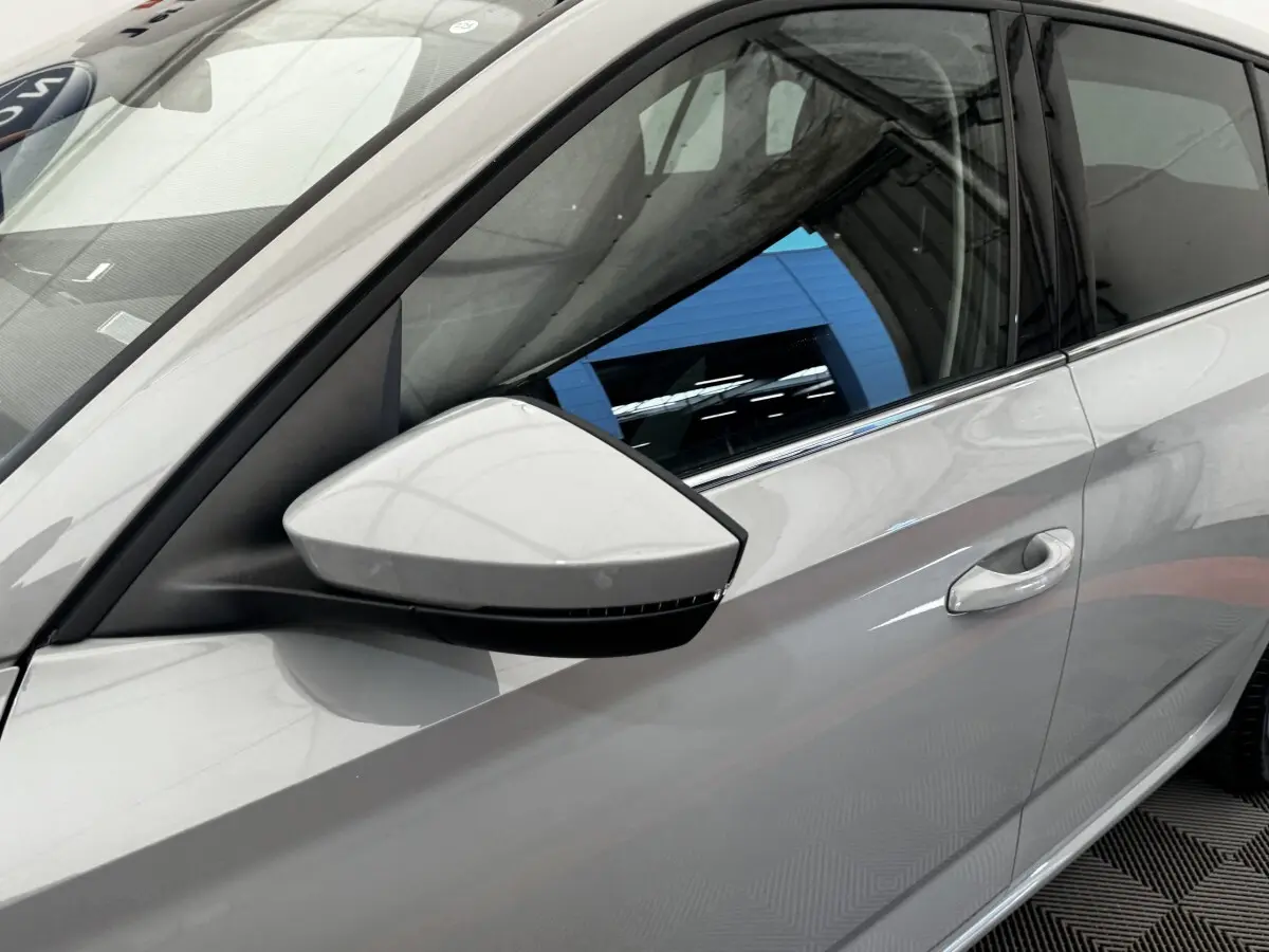 Vue rapprochée du rétroviseur et de la porte côté gauche d'une Skoda Scala gris clair 2025.