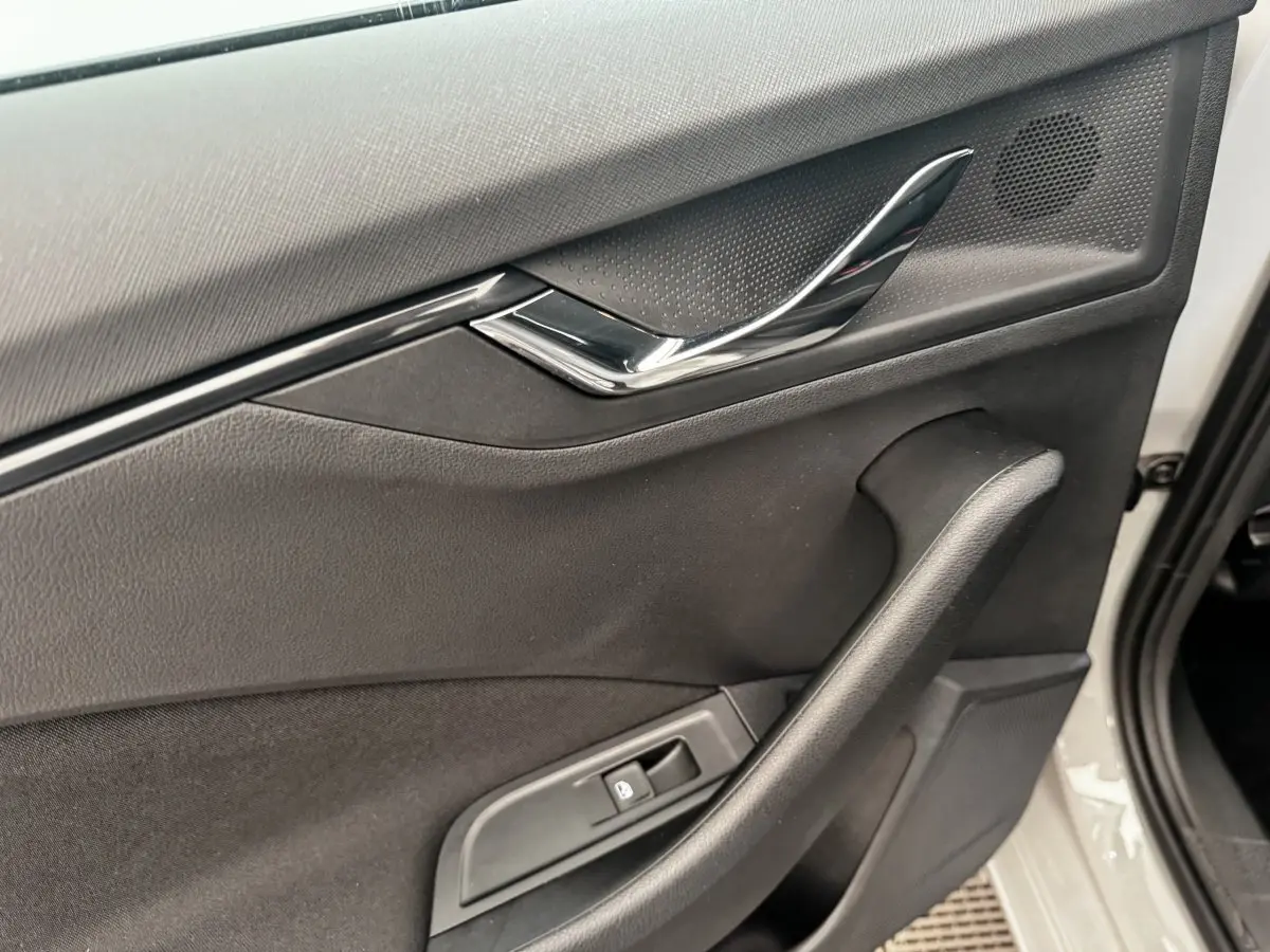 Intérieur côté gauche de la porte avant d’une Skoda Scala gris clair, avec poignée chromée et commande de fenêtre.