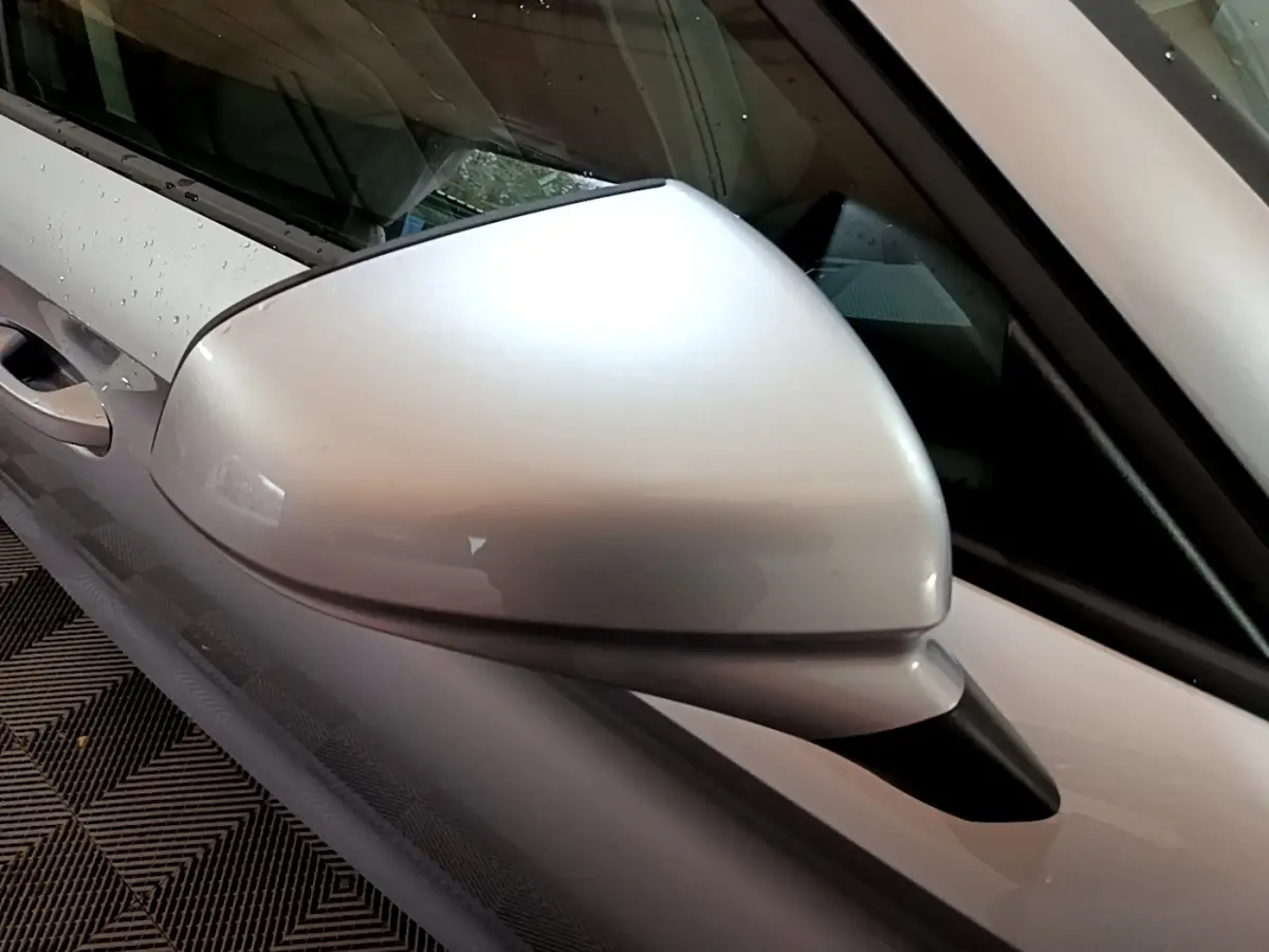 Rétroviseur côté gauche gris clair d'une SEAT LEON 2023, finition Business, avec carrosserie gris foncé visible en arrière-plan.