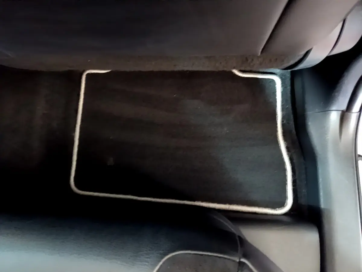 Tapis de sol noir avec bordure claire au sol côté passager arrière d'un Toyota RAV4 gris clair 2019.