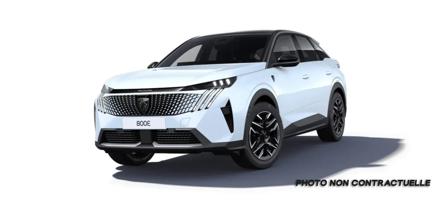 Peugeot 3008 blanc okenite avec toit noir, vue 3/4 avant droit, calandre distinctive et jantes noires.