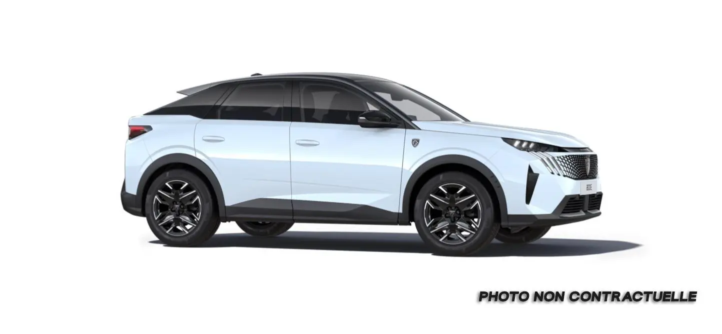 Peugeot 3008 blanc okenite avec toit noir, vue de profil côté gauche, jantes noires et lignes dynamiques.