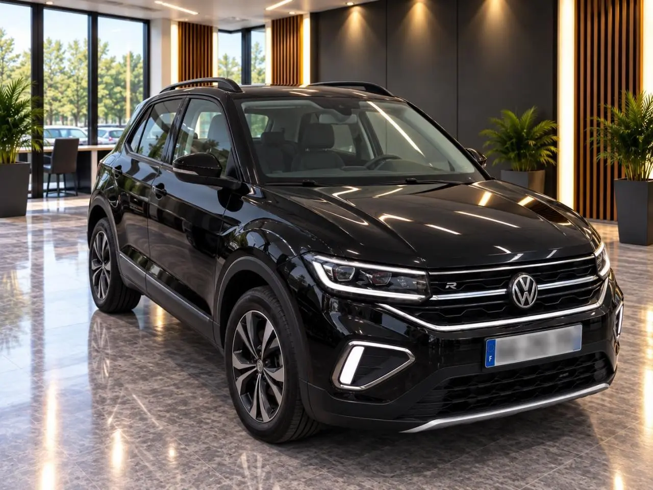 Volkswagen T-Cross 2025 noir métal en vue 3/4 avant, finition R-Line avec signature lumineuse distinctive et jantes alliage.