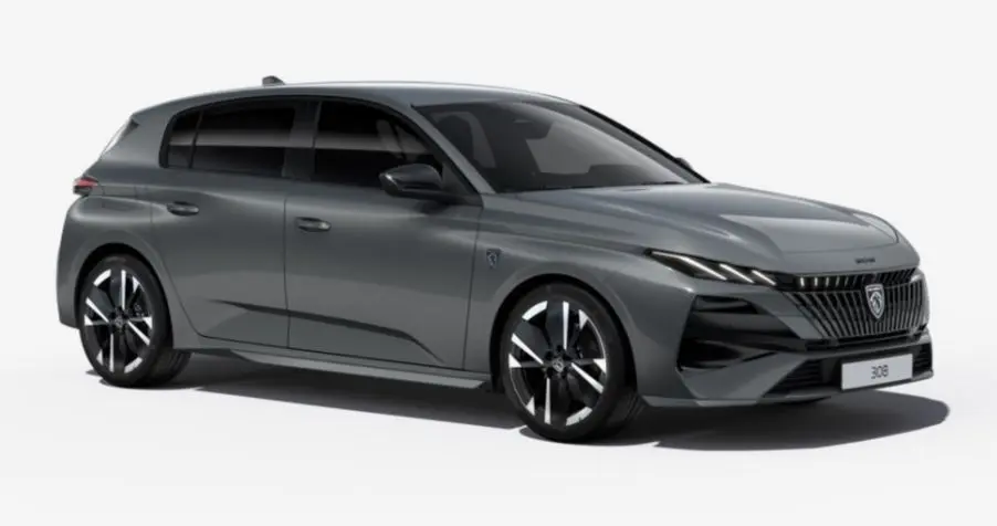 Peugeot 308 Gris Sélénium en vue 3/4 avant droit, avec calandre noire distinctive et jantes alliage 18'' bi-ton.