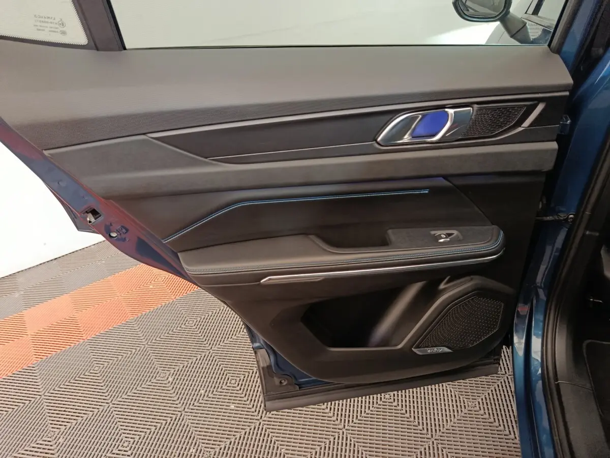 Vue intérieure côté gauche de la porte arrière bleu du Link & Co 01 avec garniture noire et surpiqûres bleues.