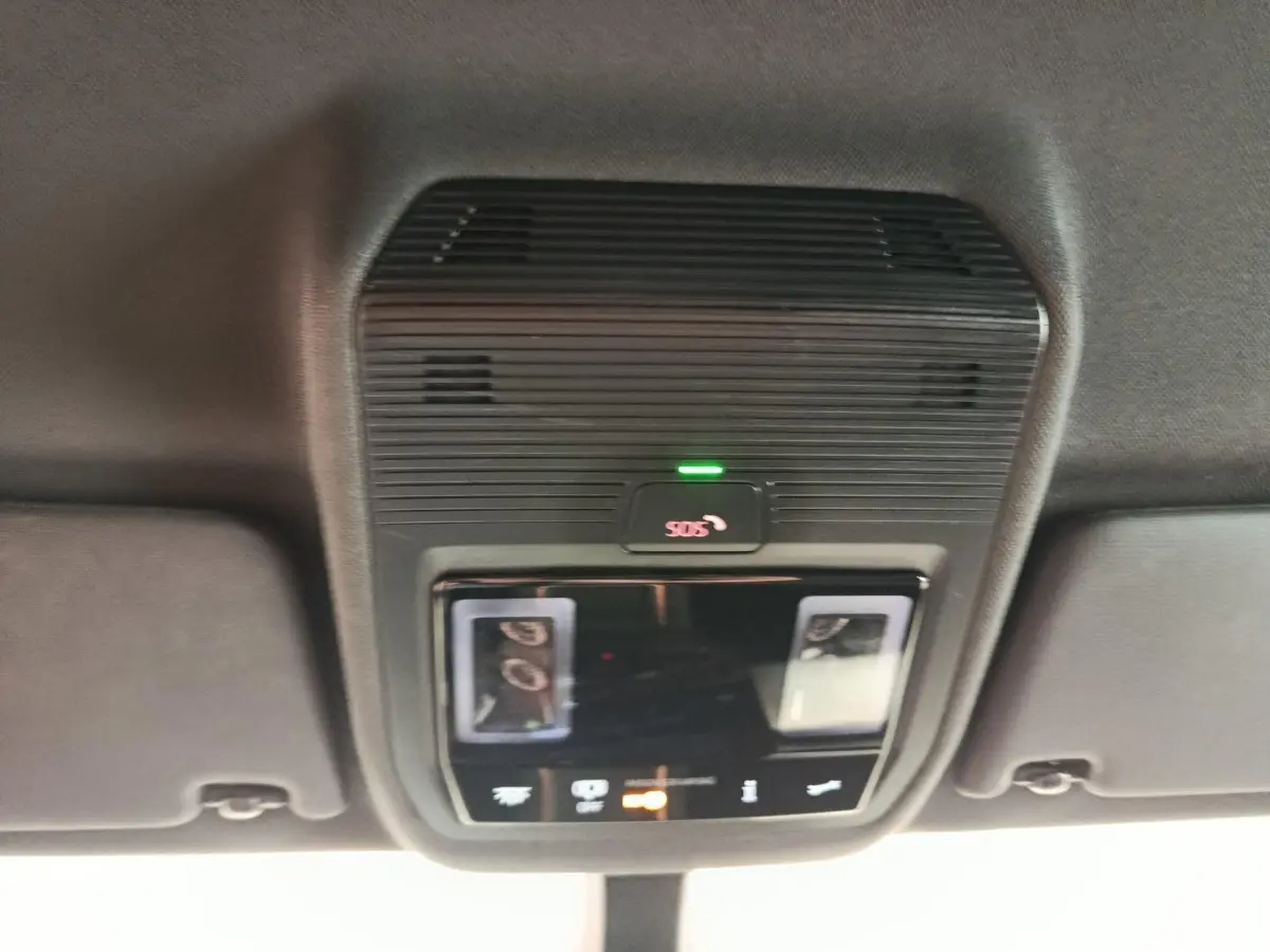 Vue en gros plan du plafonnier intérieur noir avec bouton SOS illuminé en vert dans une CUPRA Born gris foncé.