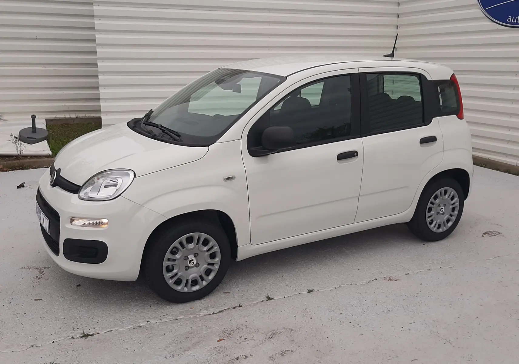 Vue 3/4 avant droite d'une Fiat Panda 2025 blanc gelato, compacte avec portes noires et jantes acier d'origine.