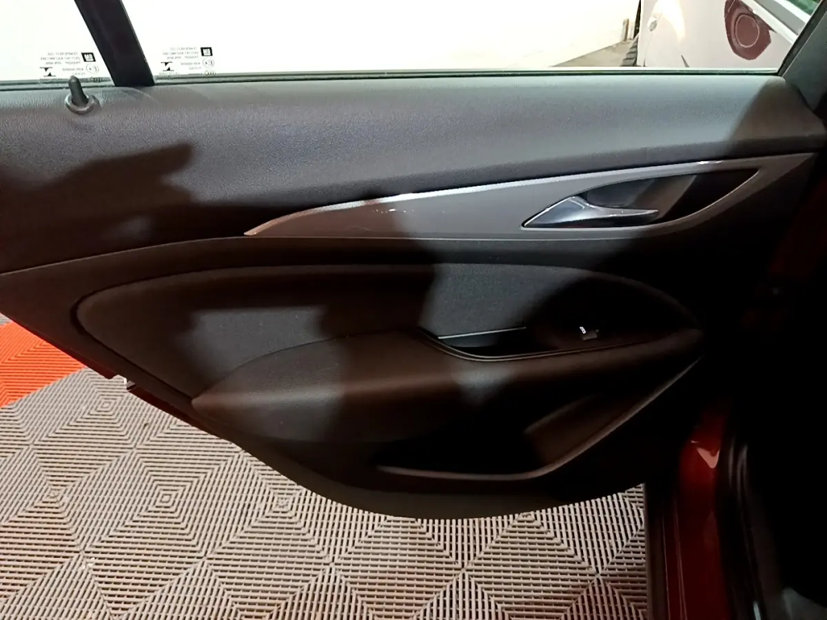 Vue intérieure de la porte arrière droite noire de l’Opel Insignia rouge, avec poignée argentée et bouton de lève-vitre.