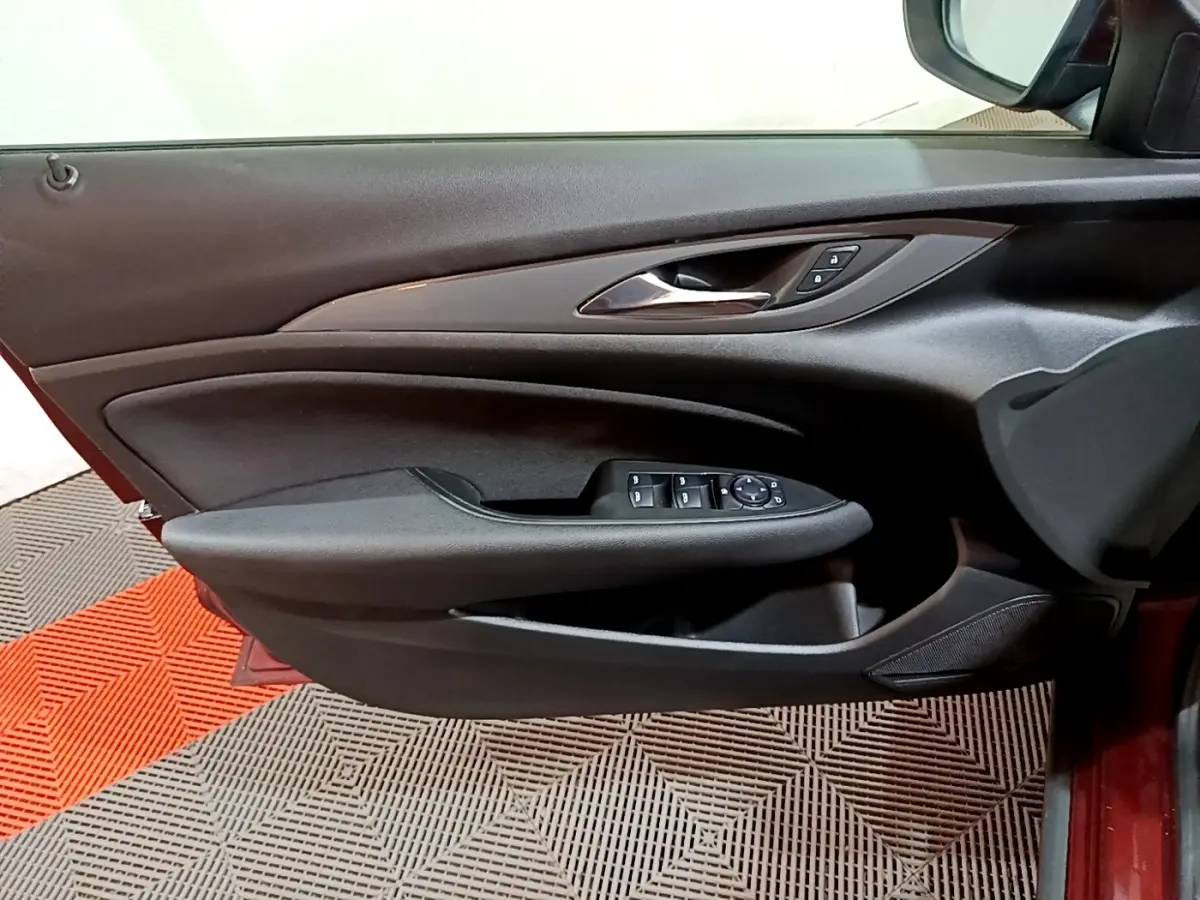 Vue côté gauche de la porte intérieure noire de l’Opel Insignia rouge, avec commandes des vitres et rétroviseur.