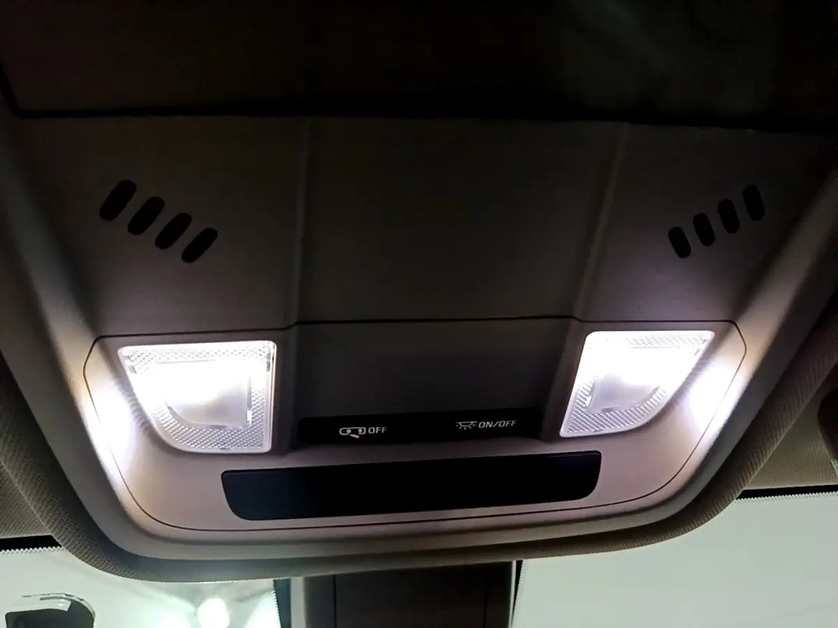 Plafonnier intérieur allumé avec commandes d’éclairage, vue en contre-plongée depuis l’habitacle de l’Opel Insignia.