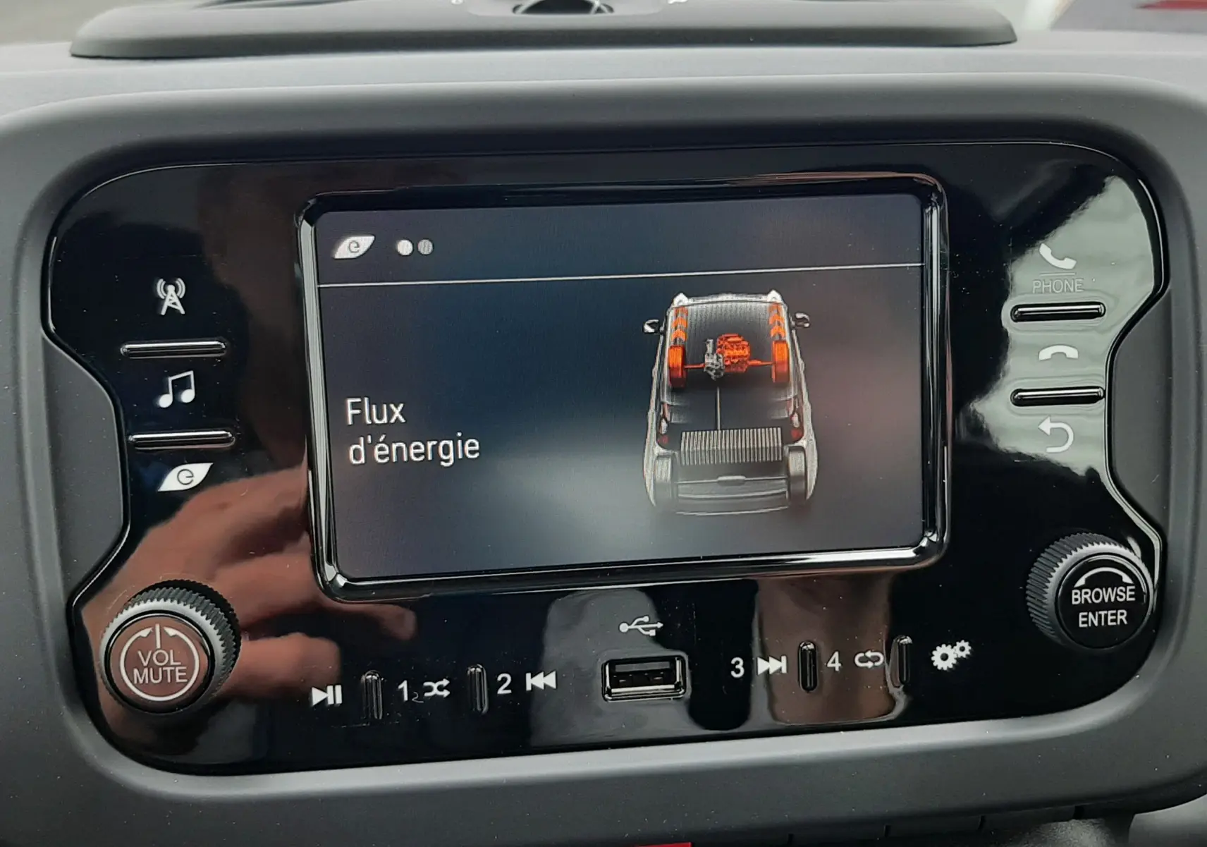 Écran central de la Fiat Panda 2025 affichant le flux d'énergie, entouré de commandes audio et de navigation.