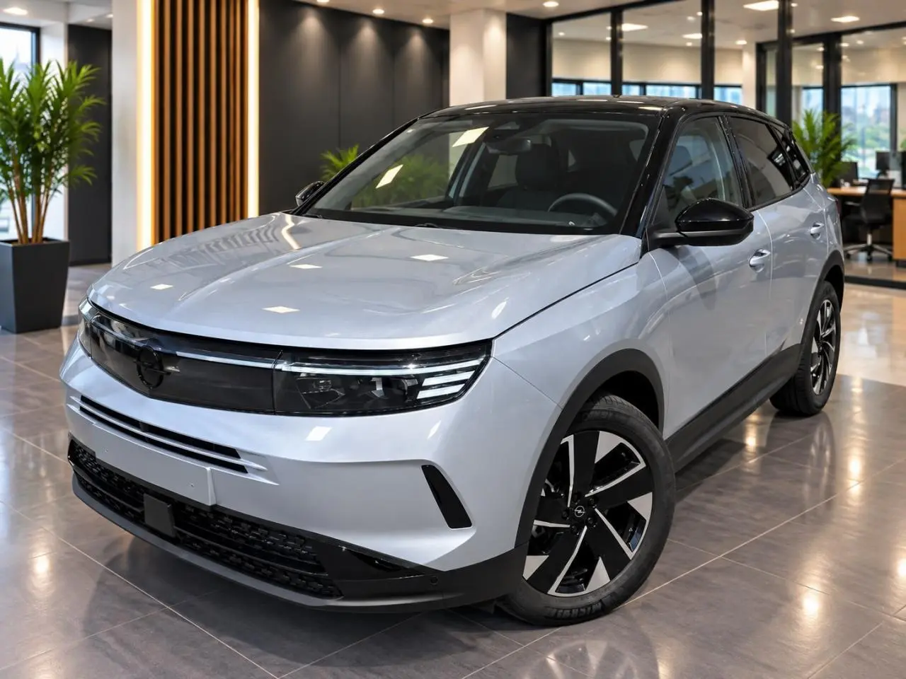 Opel Grandland 1,2 Hybrid gris kristall en 3/4 avant droit, toit noir et jantes noires bicolores visibles en intérieur showroom.