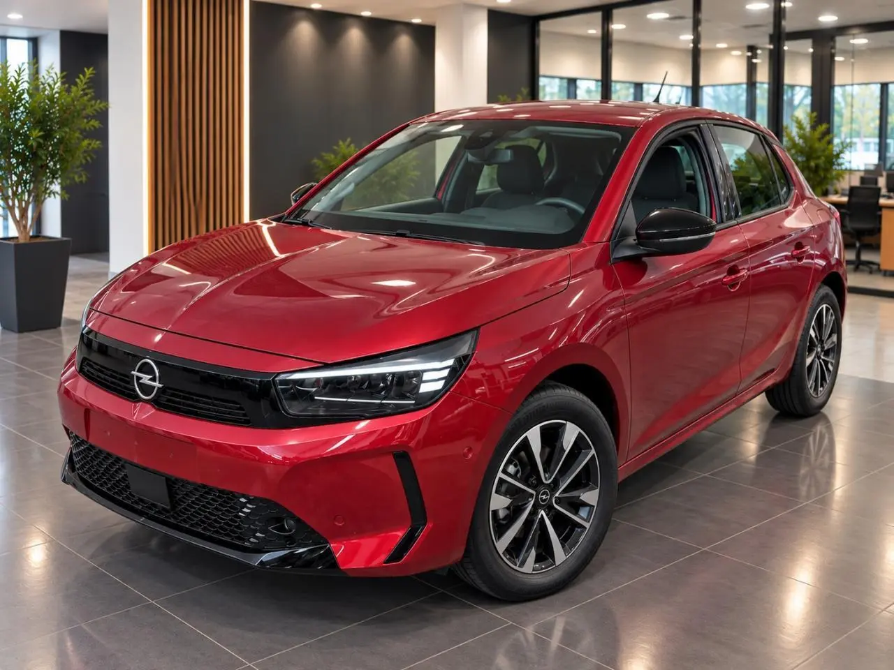 Opel Corsa 1,2 Hybrid 110 CV GS E-DCT6 rouge peperoncino vue 3/4 avant avec jantes alliage noires et détails noirs.