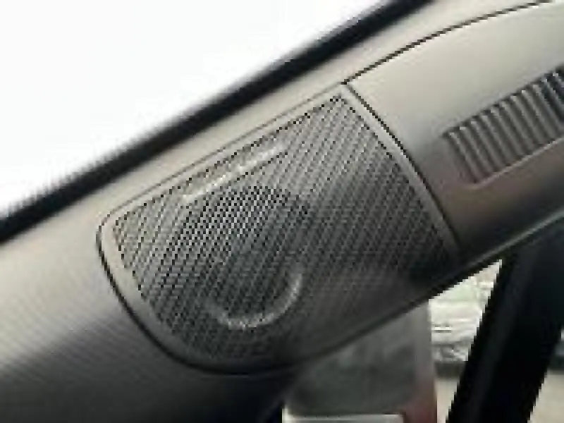 Gros plan sur le haut-parleur avant gauche intégré dans l'habillage intérieur noir d'un Renault Captur rouge.