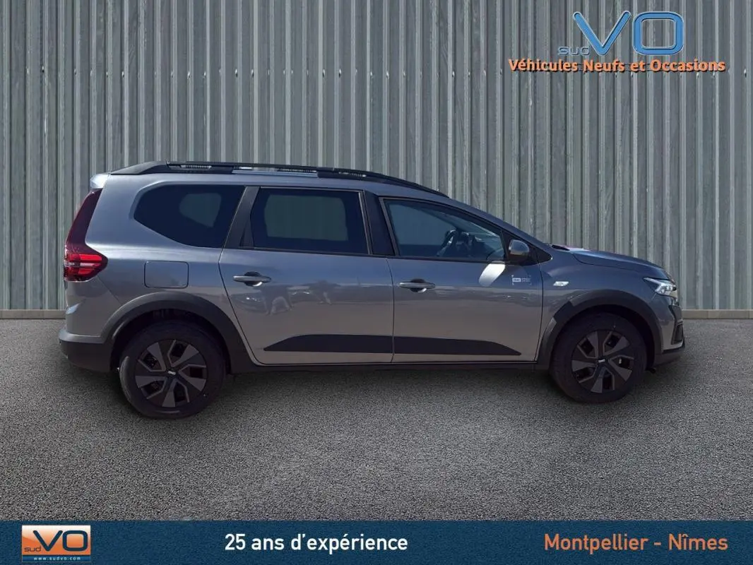 Profil côté gauche d'un Dacia Jogger gris 2025 avec barres de toit et jantes noires, stationné devant un mur métallique.