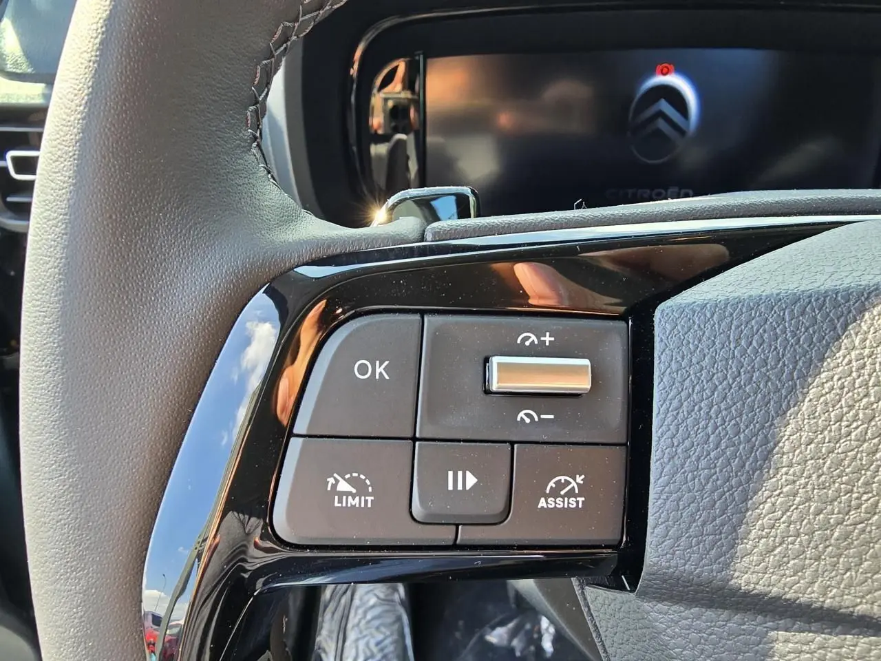 Gros plan sur les commandes du volant cuir multifonction du Citroën Berlingo 2025, version diesel bleu Kiama métal.