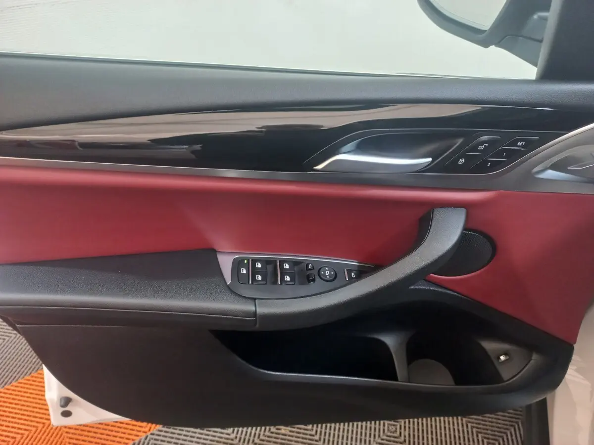 Vue intérieure côté gauche de la porte BMW X3 xDrive30e 2022 avec garniture rouge et commandes électriques.