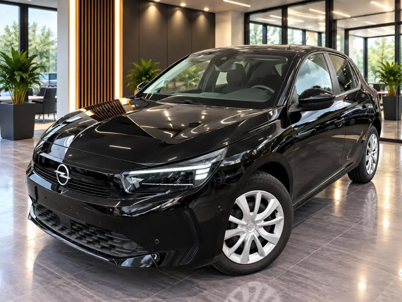 Opel Corsa 2025 noir karbon vue 3/4 avant en intérieur, avec jantes argentées et phares LED distinctifs.