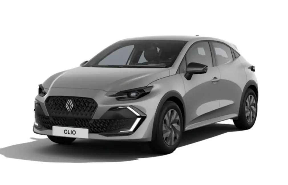Renault Clio VI TCe 115ch Techno gris Rafale vue 3/4 avant droit avec calandre noire et feux LED distinctifs.