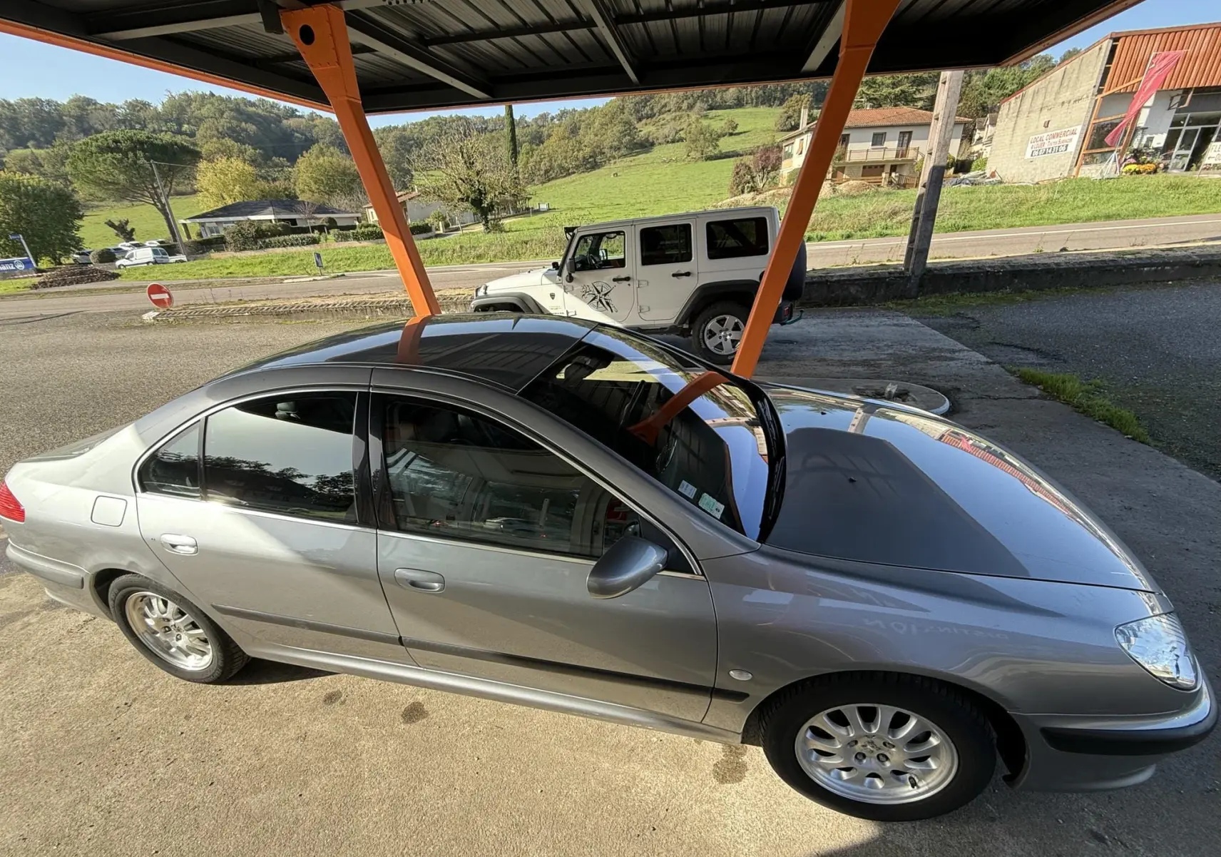 Peugeot 607 gris vue de profil côté gauche sous abri, avec jantes alliage et vitres teintées.