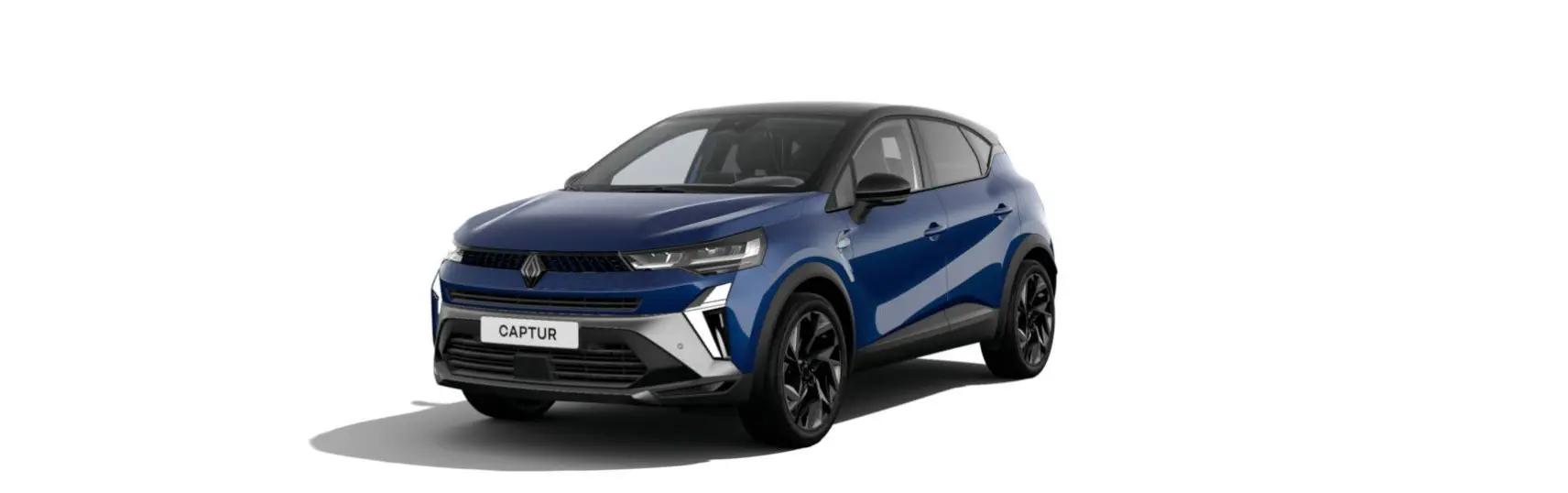 Renault Captur 2025 bleu Iron en 3/4 avant droit avec toit noir étoilé et jantes noires distinctives