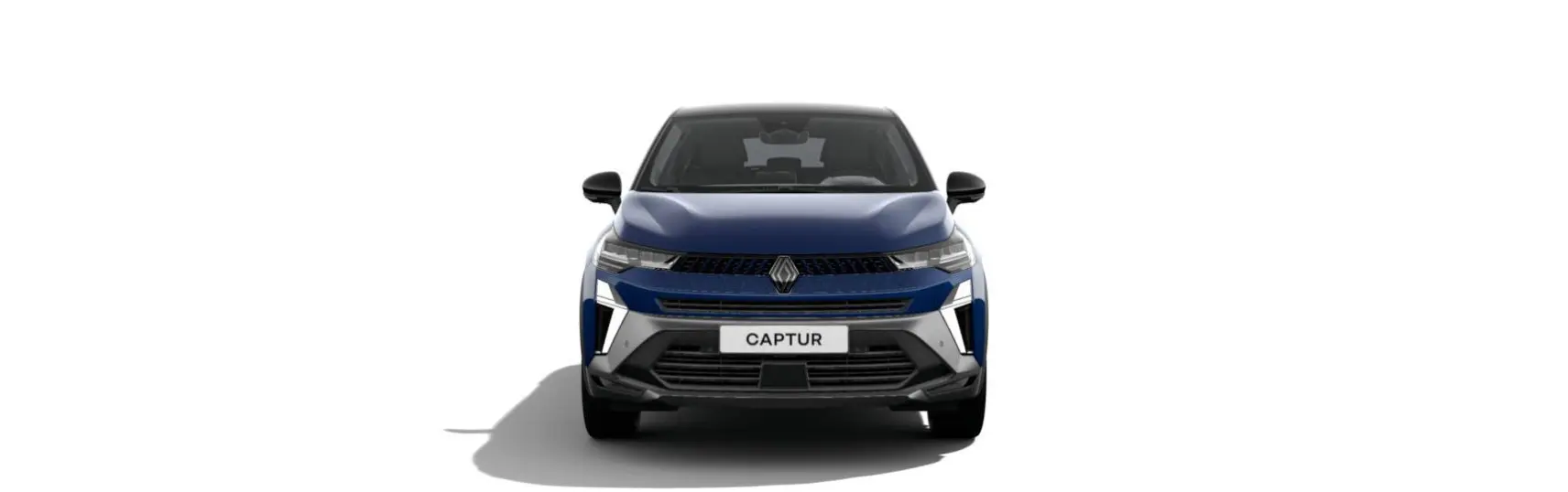 Renault Captur 2025 bleu Iron vue de face avec toit noir étoilé et calandre distinctive Alpine.