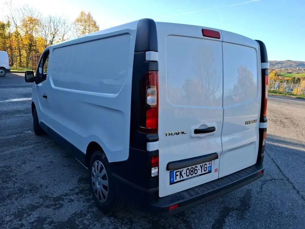 Renault Trafic Fourgon blanc vu en 3/4 arrière droit sur parking, portes arrière fermées et plaque française visible