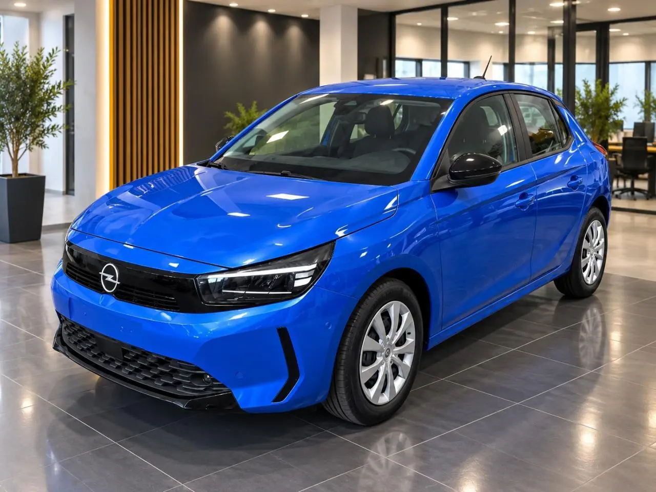 Opel Corsa 1,2 100 CV Edition bleu voltaik en 3/4 avant droit, avec calandre noire et jantes argentées.