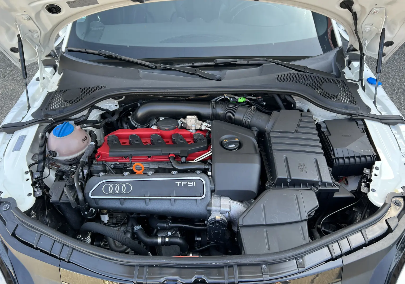 Moteur TFSI rouge et noir visible sous le capot ouvert d'un Audi TT RS Roadster blanc, vue de face.