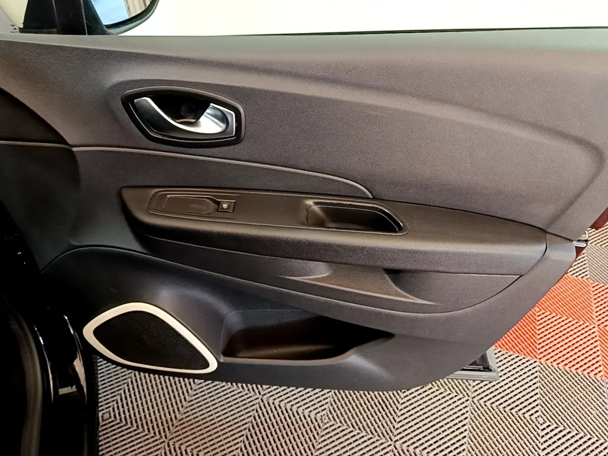 Vue intérieure côté gauche de la porte avant noire du Renault Captur Business TCe 90 avec poignée et commande de vitre.