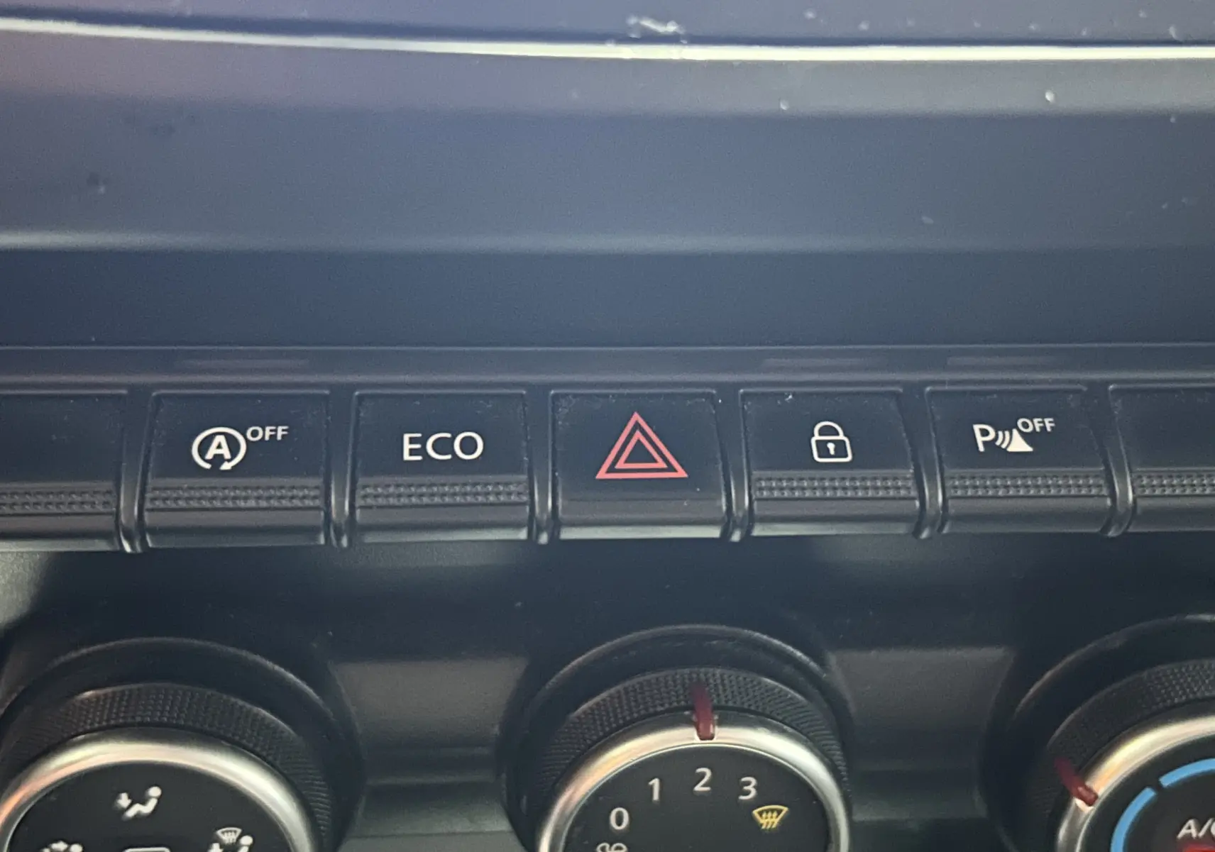 Gros plan sur les commandes centrales du tableau de bord du Dacia Duster noir, avec boutons ECO, alerte et verrouillage.