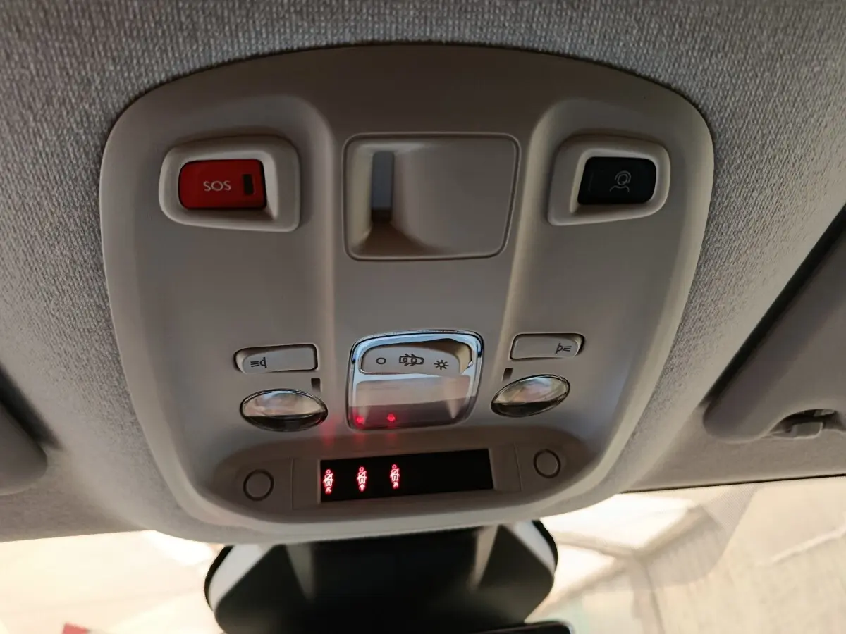 Vue intérieure en gros plan du plafonnier gris avec boutons SOS et commandes d'éclairage du Peugeot Expert Fourgon noir.