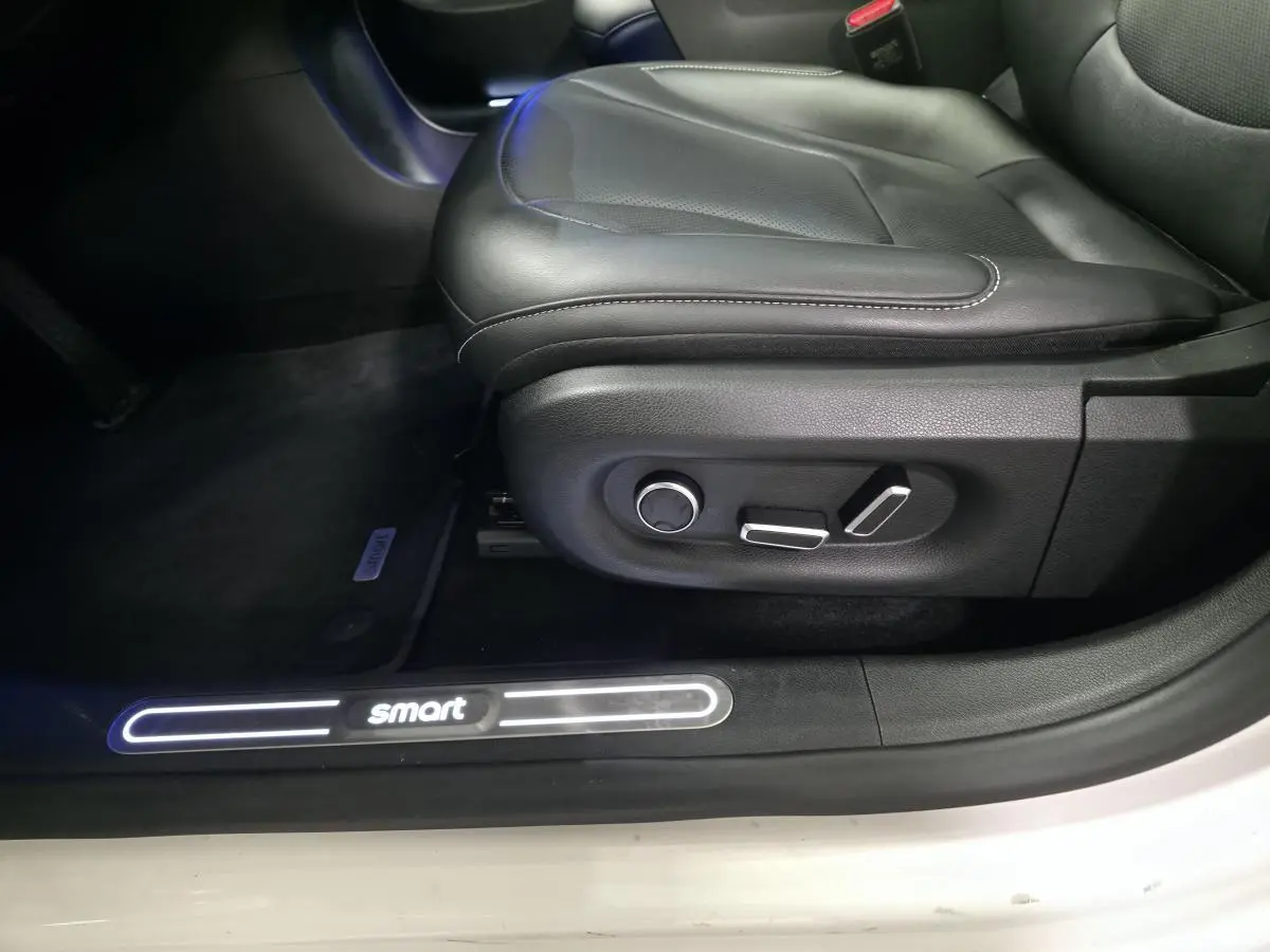 Gros plan sur le siège conducteur noir en cuir et seuil de porte blanc éclairé du logo Smart côté gauche.