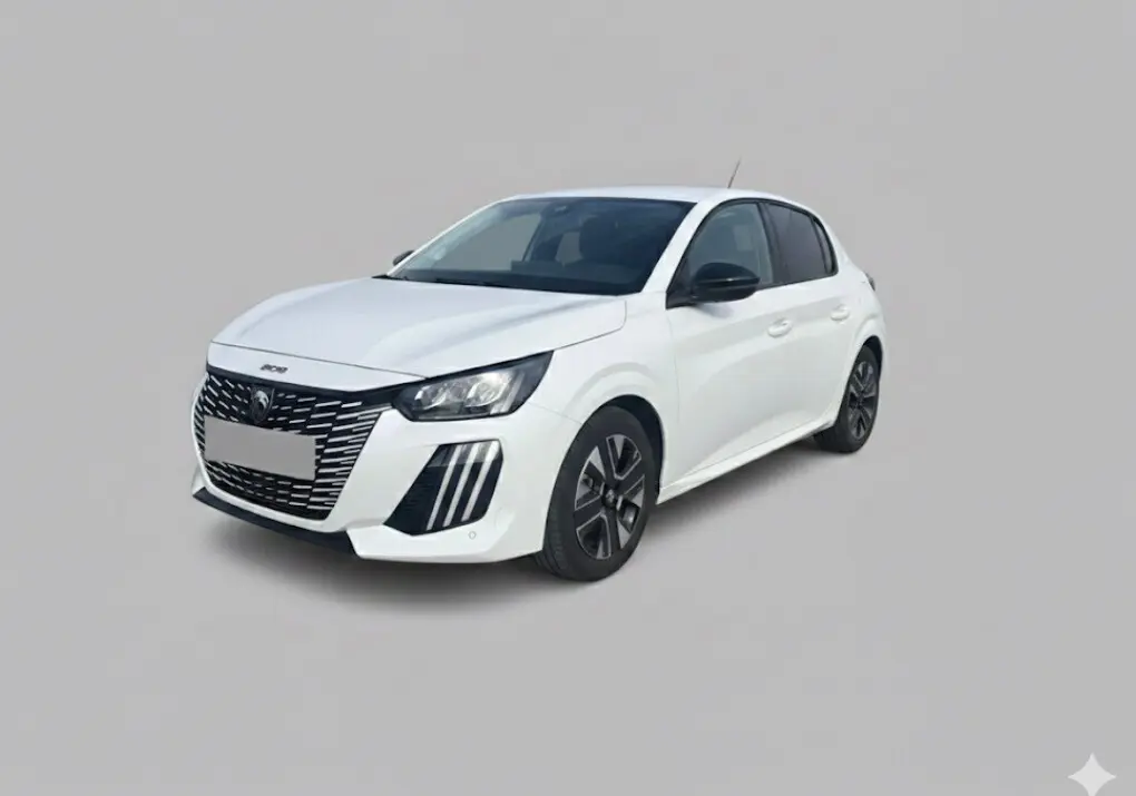 Peugeot 208 Hybrid 110 e-DCS6 Allure blanc vue 3/4 avant avec calandre noire et jantes foncées.