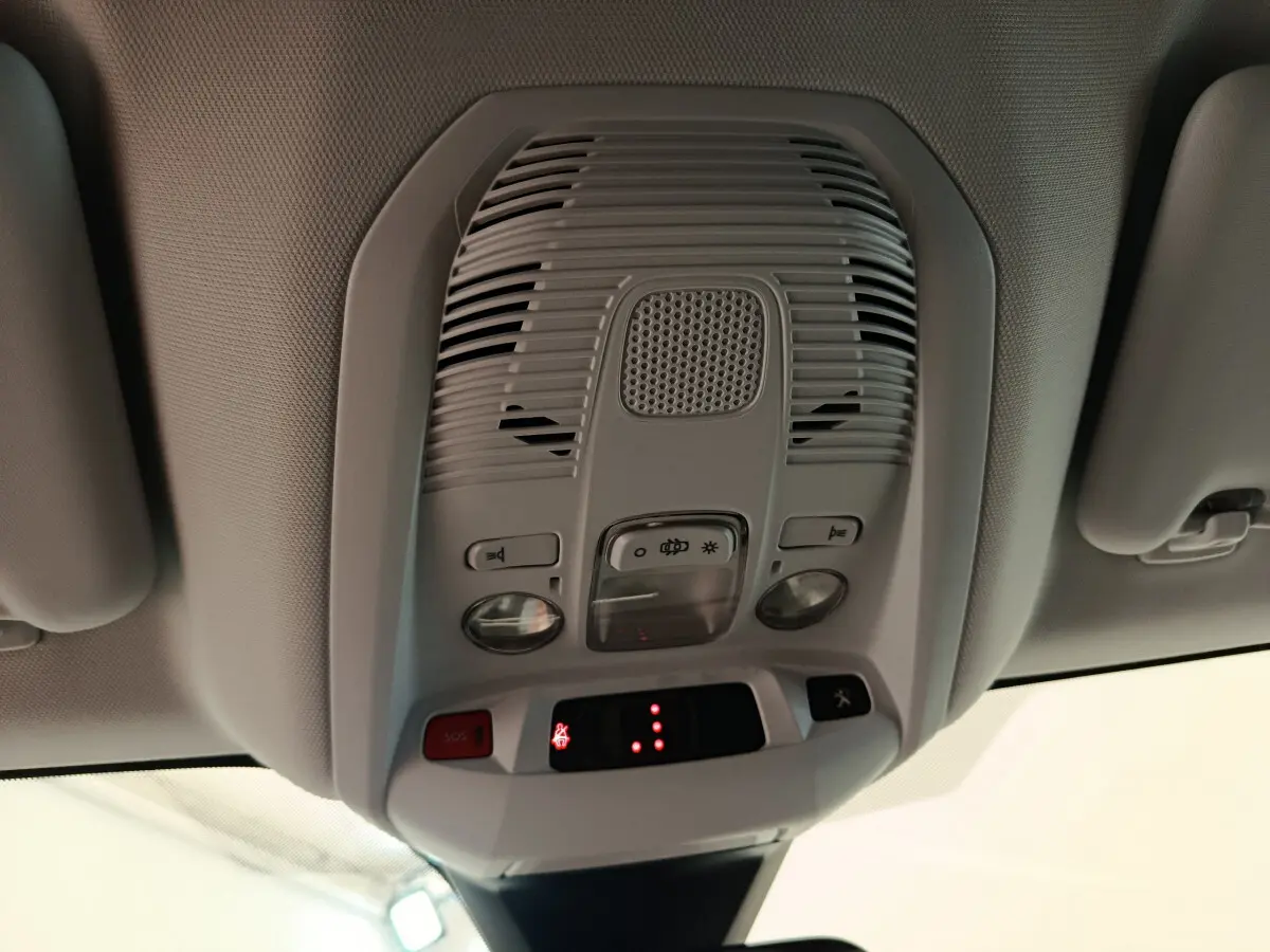 Vue en contre-plongée du plafonnier gris clair avec commandes d'éclairage et bouton SOS dans un Peugeot 3008 2020.