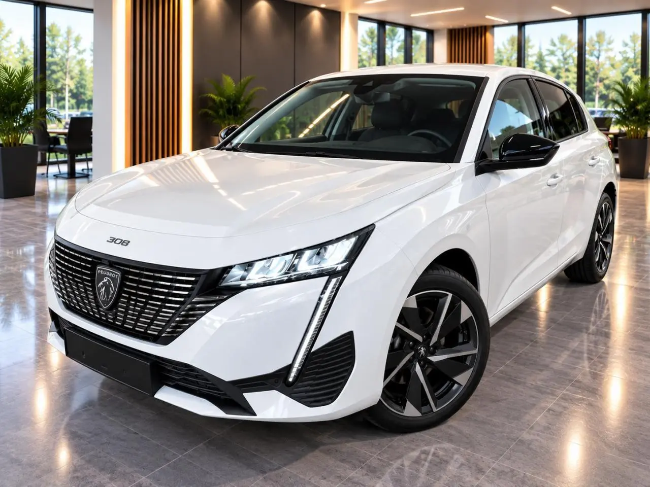 Peugeot 308 blanc okenite vue 3/4 avant droit, avec calandre noire distinctive et jantes alliage bicolores.
