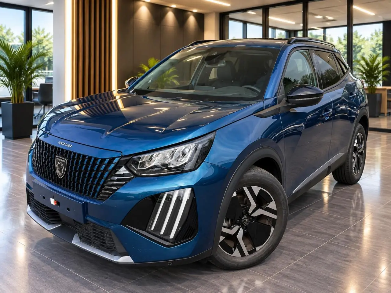 Peugeot 2008 2024 bleu vertigo en 3/4 avant droit, avec calandre noire et feux LED distinctifs verticalisés.