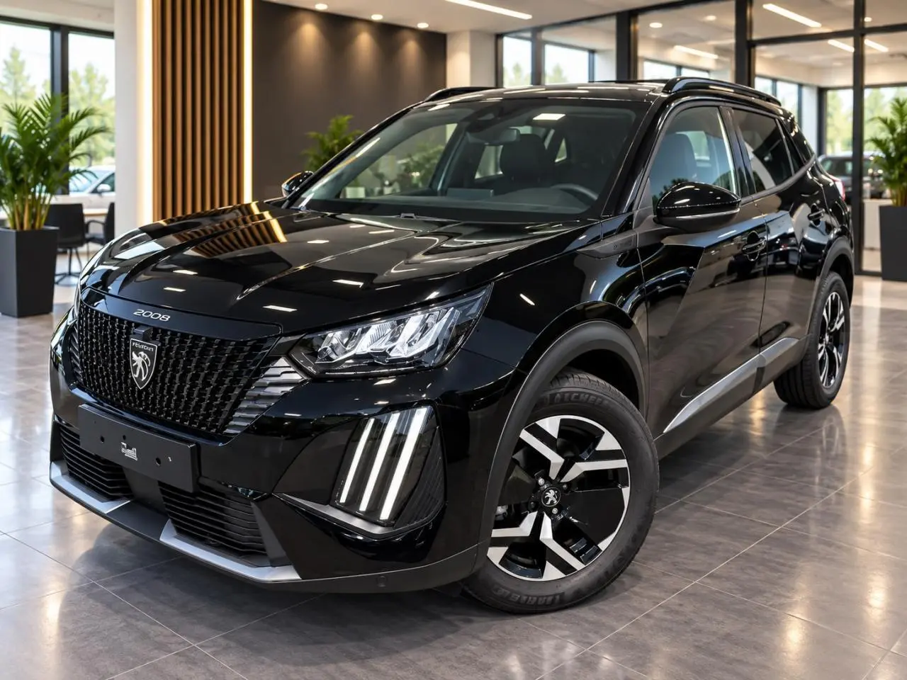 Peugeot 2008 noir perla en 3/4 avant droit, avec calandre imposante et feux LED verticaux distinctifs.