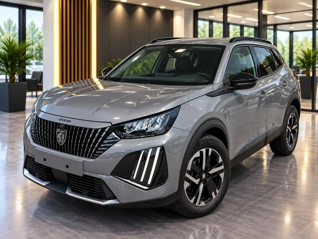 Peugeot 2008 1,2 100 CV Allure sellenium vue 3/4 avant droit, avec signature lumineuse verticale LED et jantes noires.