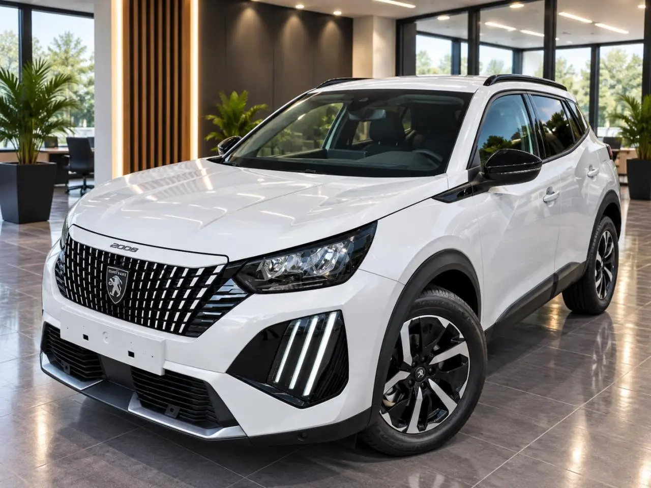 Peugeot 2008 blanc okenite en 3/4 avant droit, avec calandre noire distinctive et feux LED verticaux marquants.