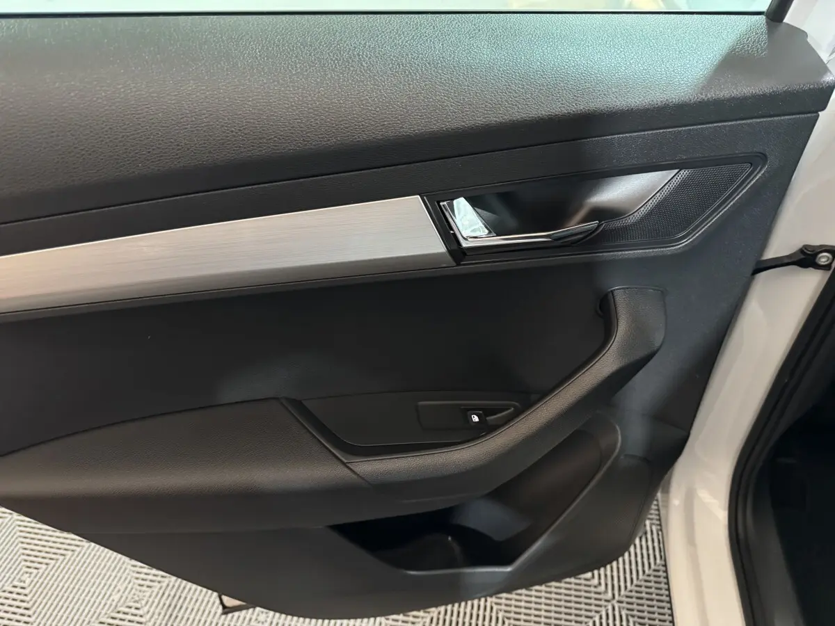 Intérieur côté gauche de la porte avant blanche du Skoda Karoq 2021, avec poignée noire et insert argenté.