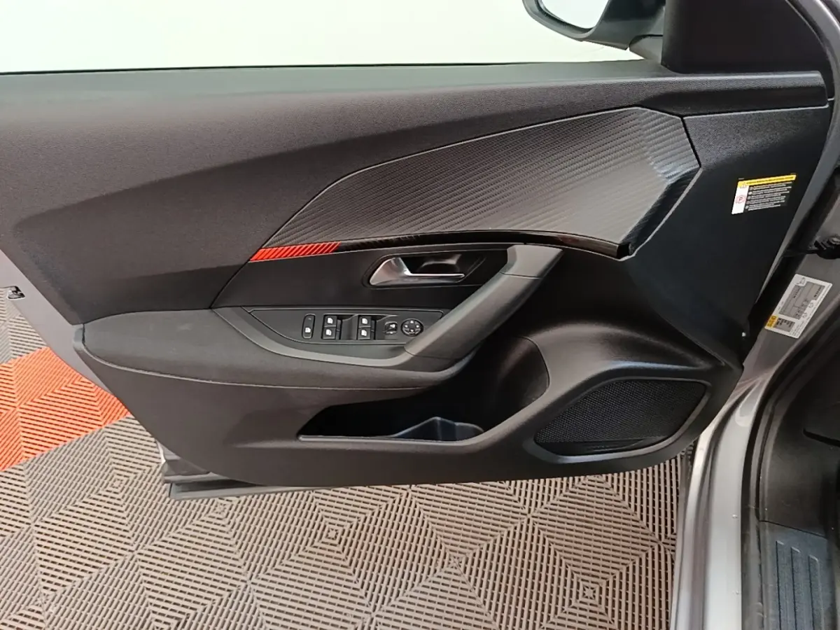 Vue intérieure côté gauche de la porte avant gris clair du Peugeot E-2008 électrique avec insert carbone et commandes fenêtres.