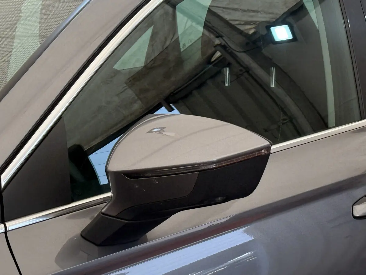 Rétroviseur côté gauche gris clair du SEAT Ateca 2023 avec clignotant intégré, vue rapprochée sur porte et vitre.